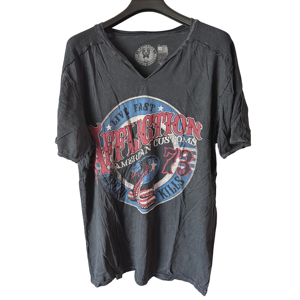Affliction T-Shirt Mens 2XL Black American Customs Cobra Graphic Made in USA Y2K